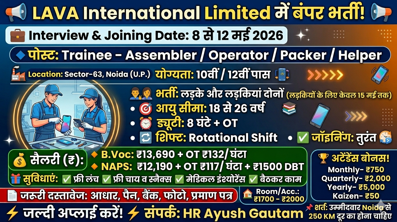 LAVA International Limited भर्ती 2026 | Noida में तुरंत जॉइनिंग