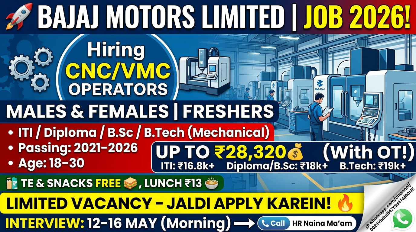 BAJAJ MOTORS LIMITED Recruitment 2026 | CNC / VMC Operator Jobs
