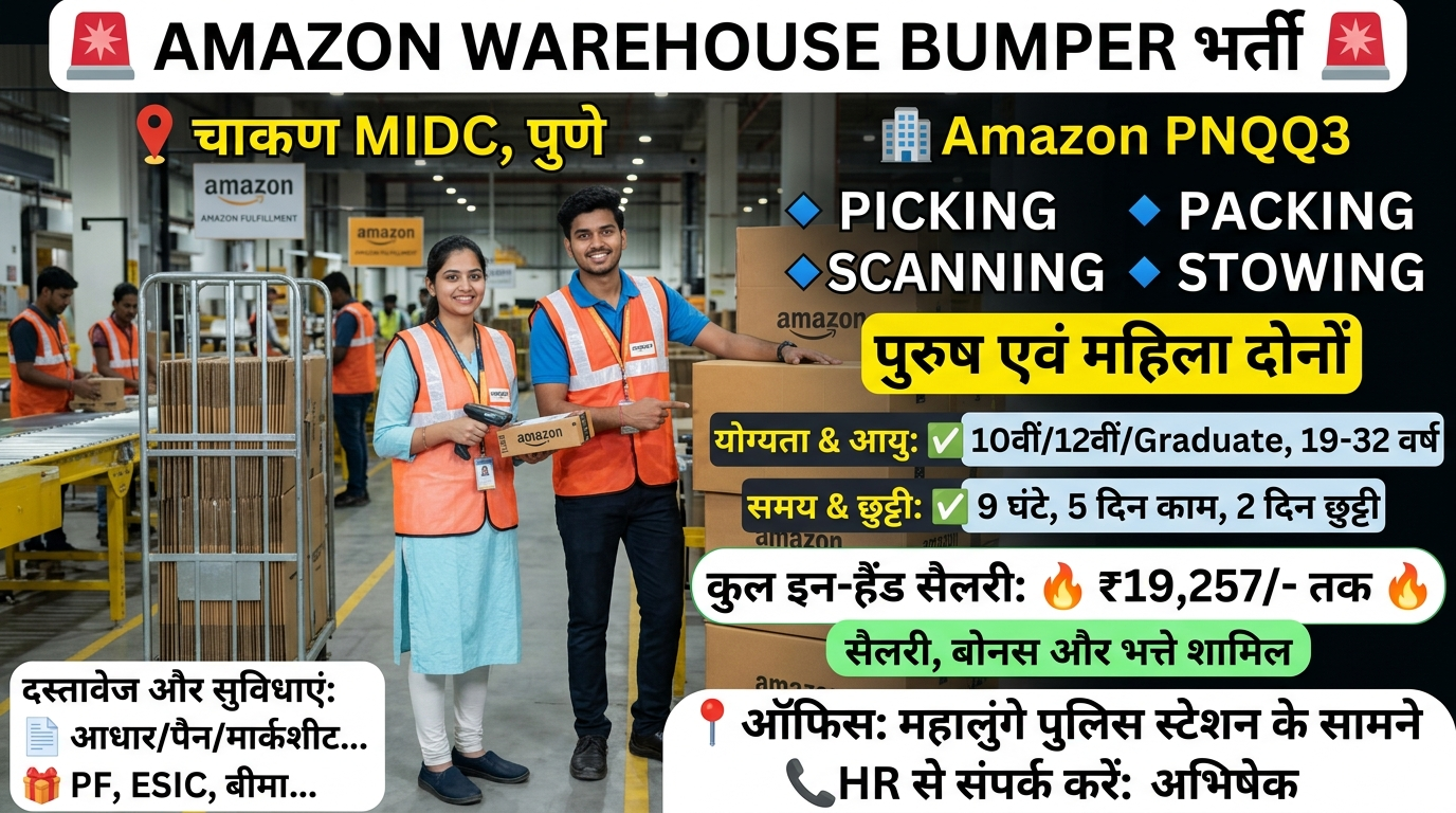 Amazon Warehouse में बंपर भर्ती 2026 | Picking Packing Jobs in Pune