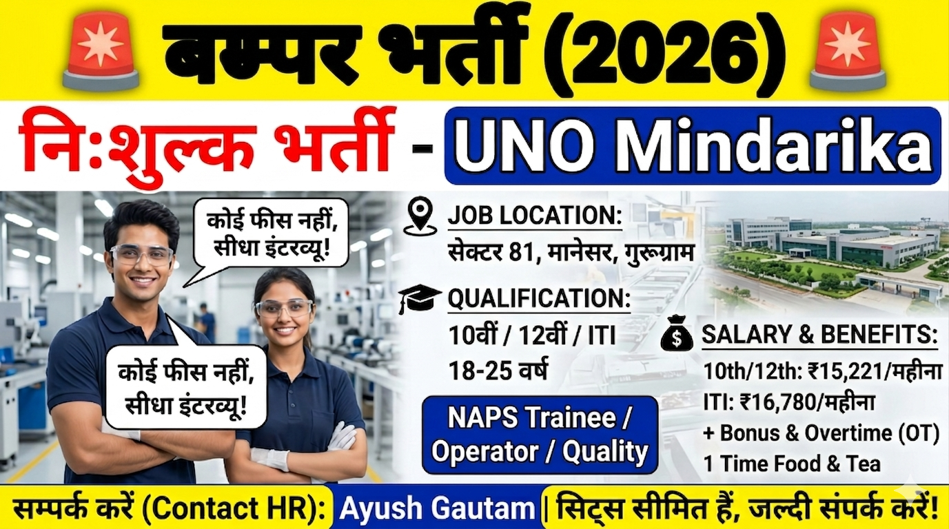 UNO Mindarika कंपनी में बम्पर भर्ती 2026 | 10वीं 12वीं ITI पास के लिए सीधी भर्ती
